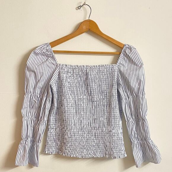 Venus Striped Blouse size Large Shirred Long Sleeve Grey White - Picture 2 of 10
